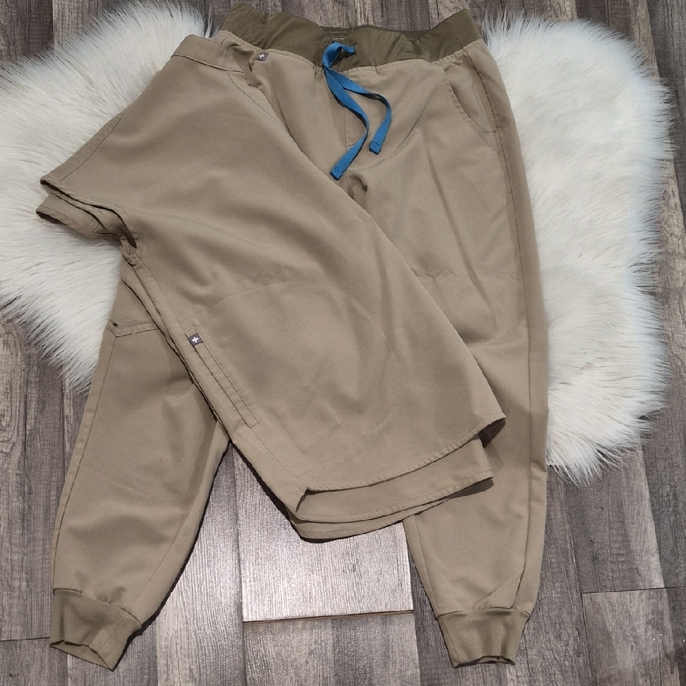 Figs Women Set  Khaki Jogger Pants with Blue Drawstring